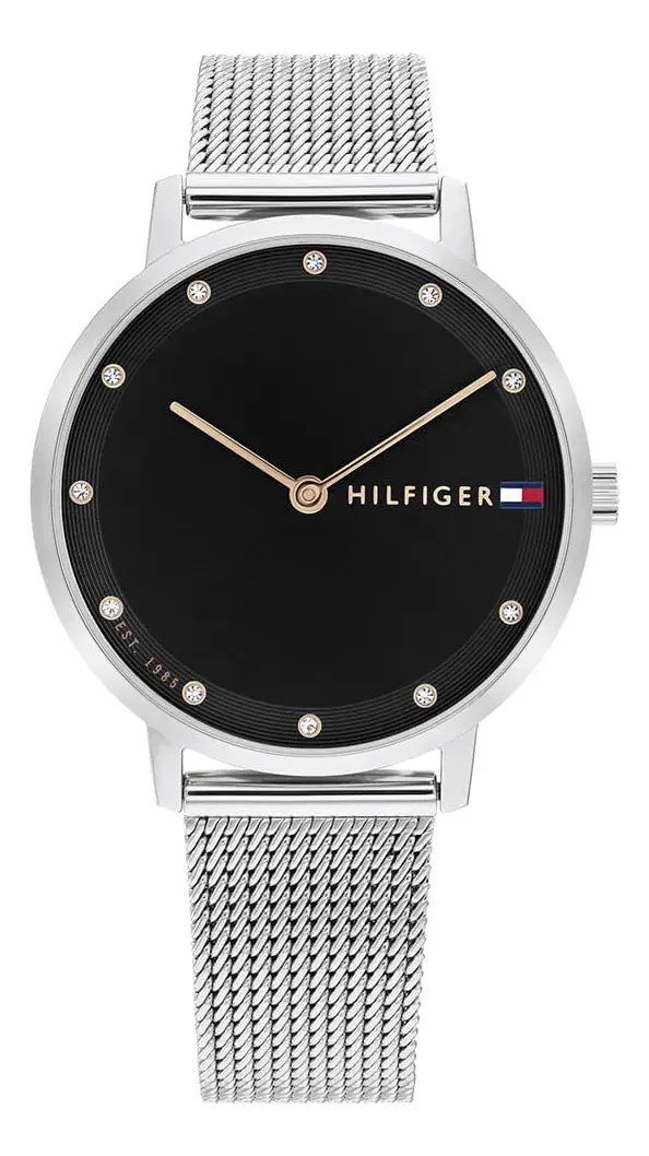 Relógio Tommy Hilfiger Feminino Pippa em Aço Prateado com Fundo Preto