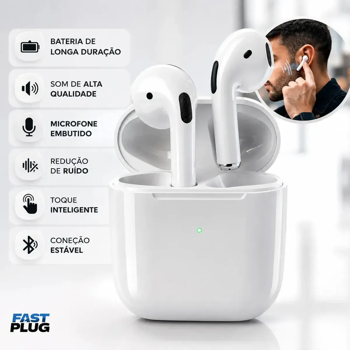 Fone De Ouvido Bluetooth Sem Fio Bateria de Longa Duração Pro 4 Branco Conecta Rápido Fast Plug Com Case Carregador E Microfone