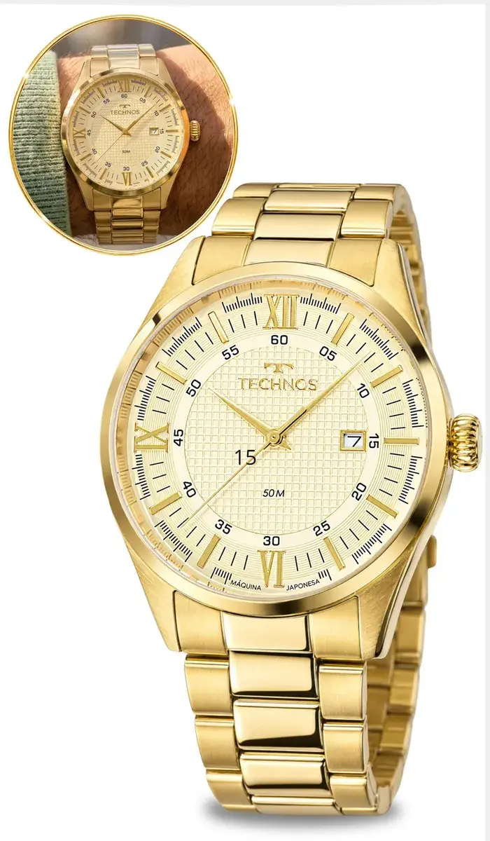 Relógio Technos De Pulso Masculino Dourado Aço Inoxidável Analógico Quartzo Prova D'água 50 Metros