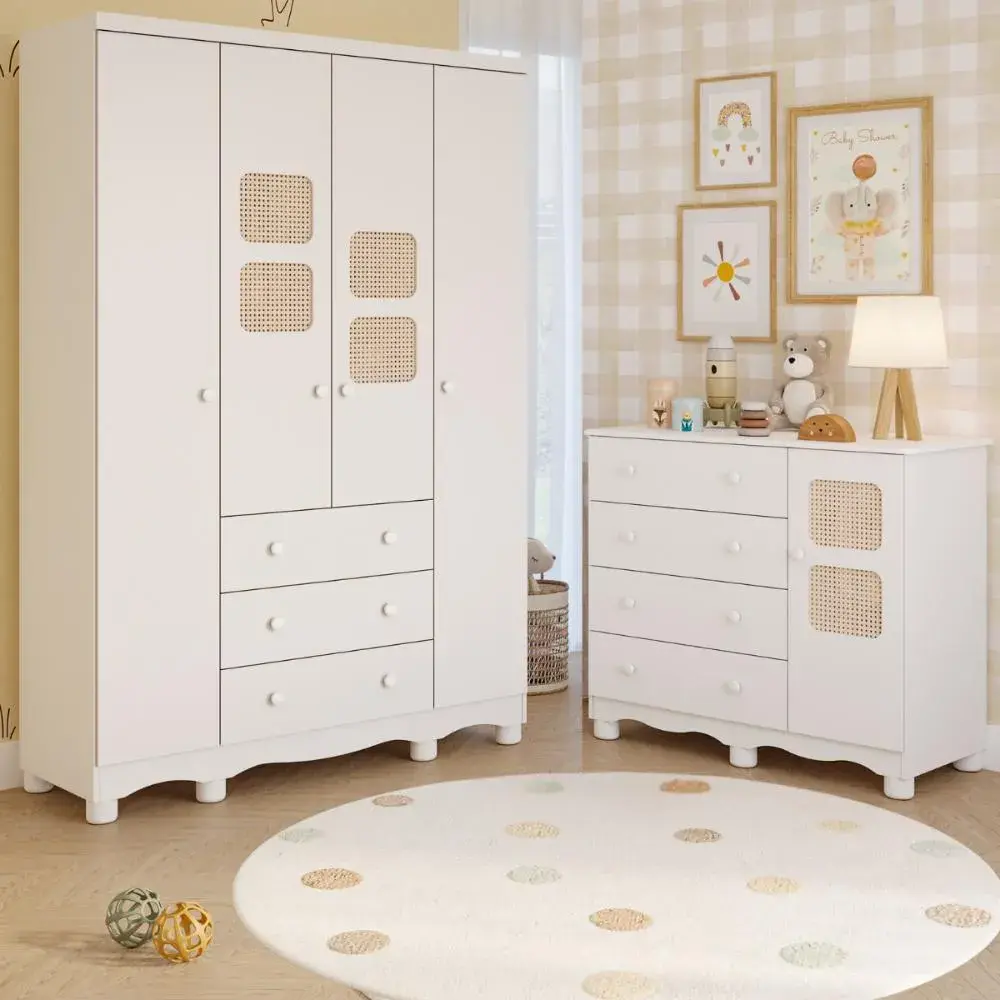 Quarto De Bebê Completo Guarda Roupas Cômoda 100% Mdf Telinha Branco