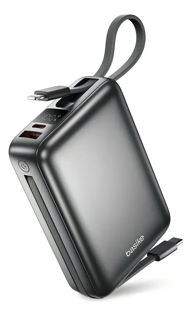 Carregador Portátil Power Bank Basike 20000mAh 22.5W Rápido Cabos Embutidos Tipo C iPhone Samsung