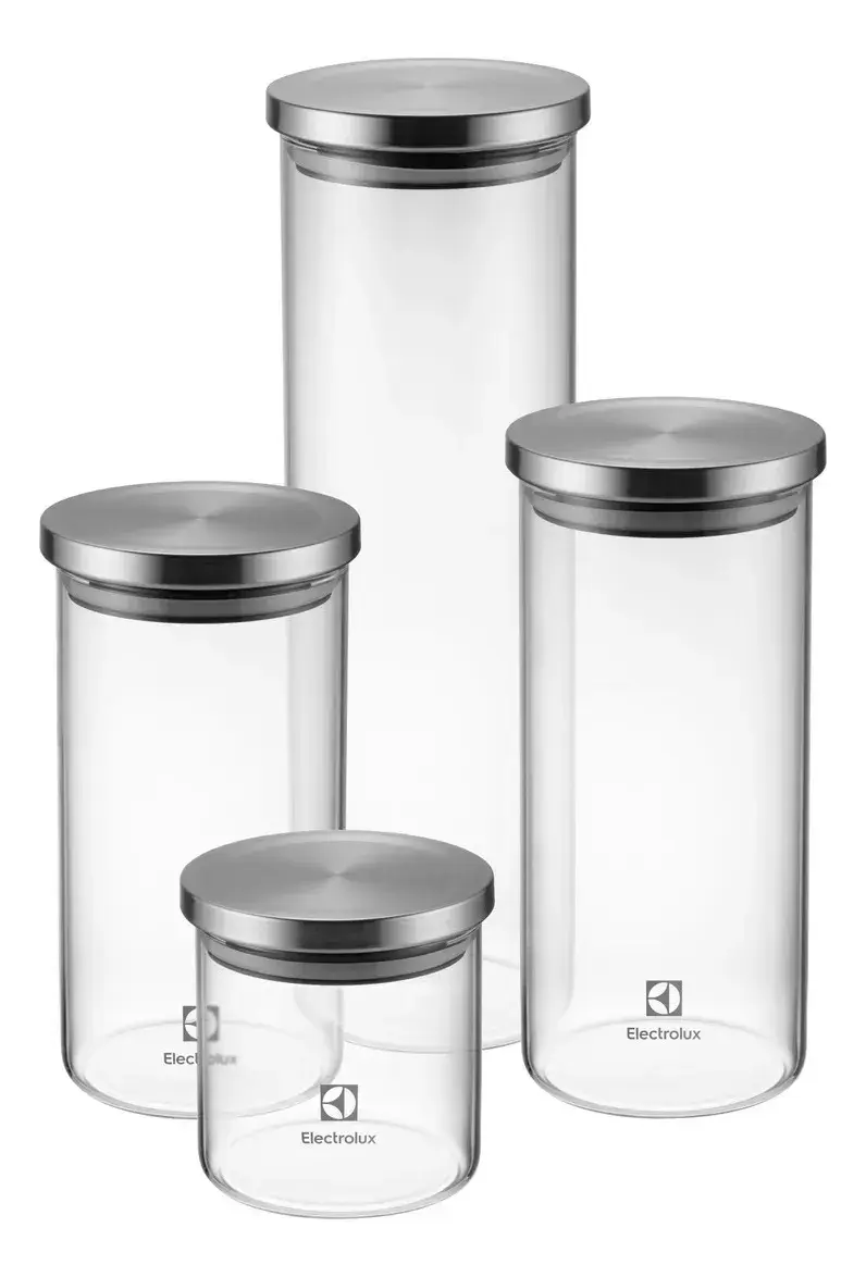 Electrolux Kit 4 Potes Herméticos de Vidro e Tampa Inox com Vedação, Porta Mantimentos e Alimentos