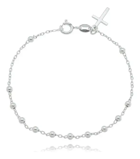 Pulseira Terço Bolinhas Pingente Cruz Prata 925 Unissex