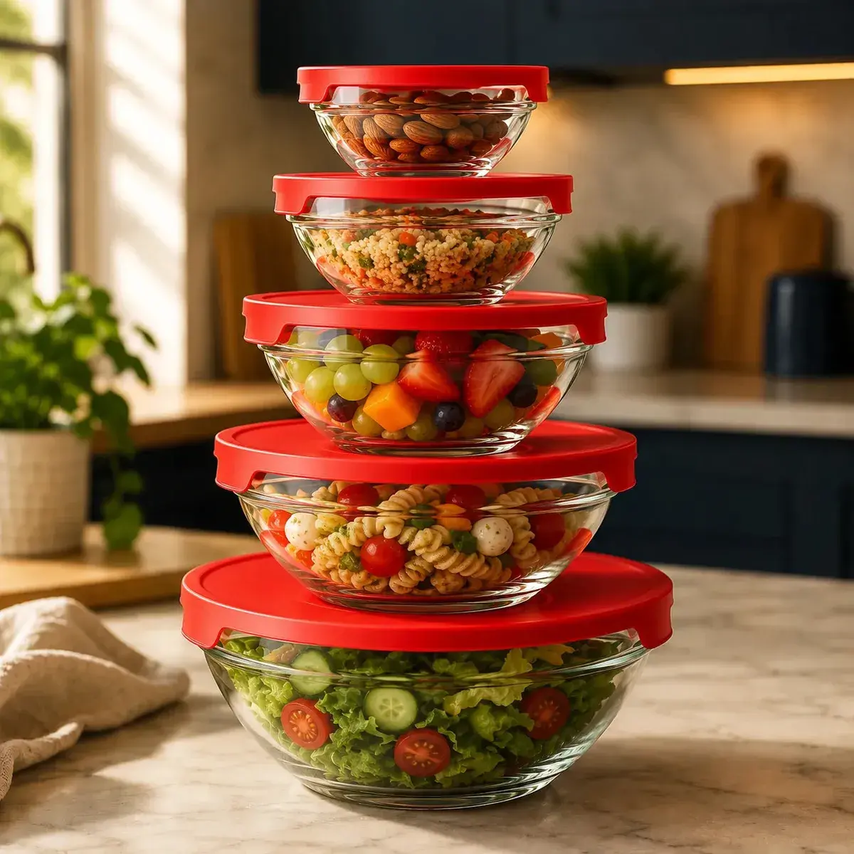 Conjunto Kit 5 Pote Bowls De Vidro Com Tampa Vermelha Tigela Cumbuca Ideal Para Uso Em Freezer E Geladeira Água Marinha Home Decor