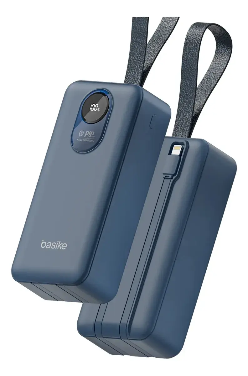 Power Bank Basike 30.000mAh Portátil, Carregamento Rápido 22.5W, com Cabos Embutidos e Display LED para iPhone e Samsung Azul