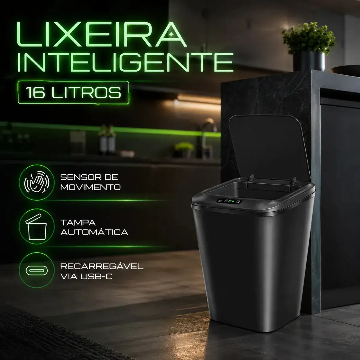 Lixeira Inteligente 16 Litros Com Sensor Automático Recarregável Usb Tampa Touchless Anti Odor Ideal Para Banheiro Cozinha Escritório Cor Preto