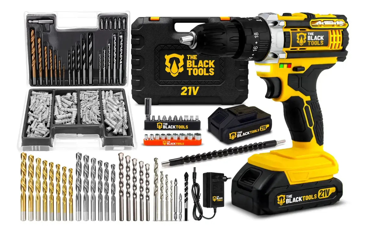 Parafusadeira Furadeira De Impacto Profissional 21v Tb21pw Com Kit Brocas E Buchas 300 Peças The Black Tools