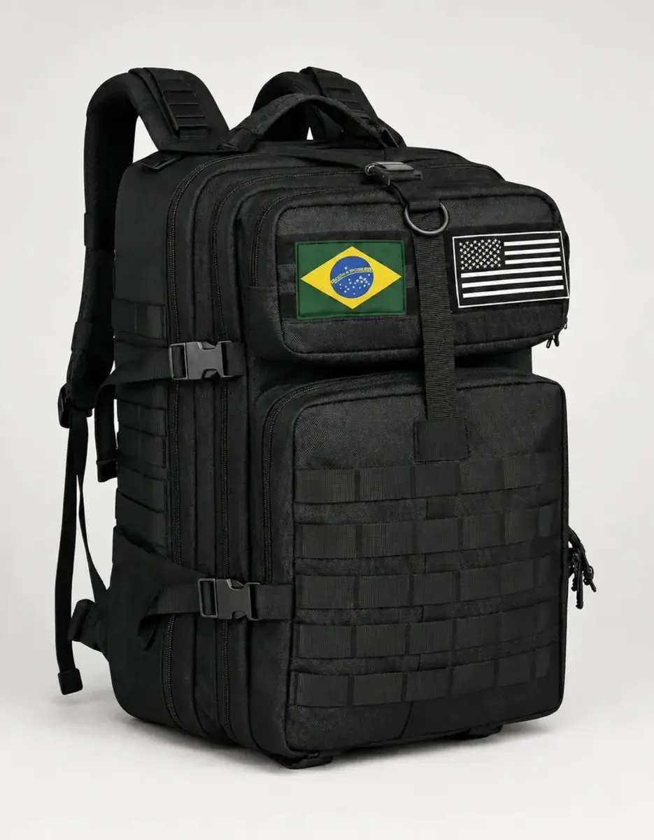 Mochila Tática Militar 50l Bagear Masculina Reforçada Impermeável Ideal Para Trabalho Viagem Camping Caça Pesca Com 2 Patch Bandeira Brasil Eua Cor Preta