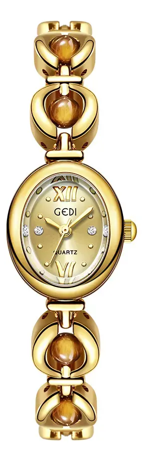 Relógio Feminino Elegante, Verde, Rosa, Ouro, Quartzo Ajustá Correia Dourado Bisel Dourado Fundo Marrón perlado
