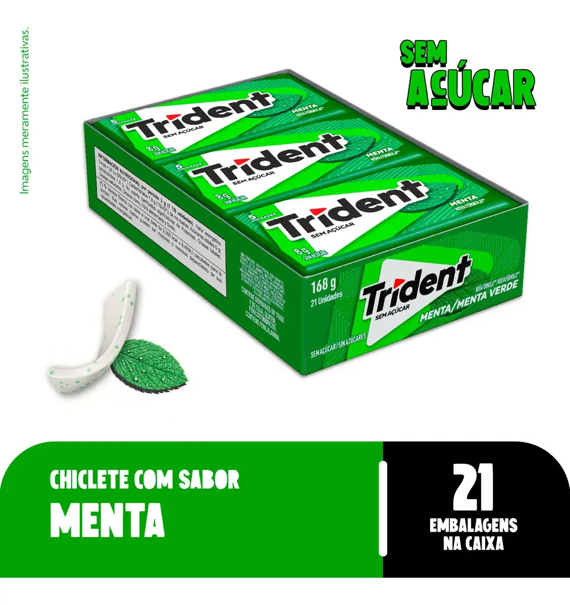 Chiclete Trident Menta Sem Açúcar - Caixa Com 21 Unid. De 8g