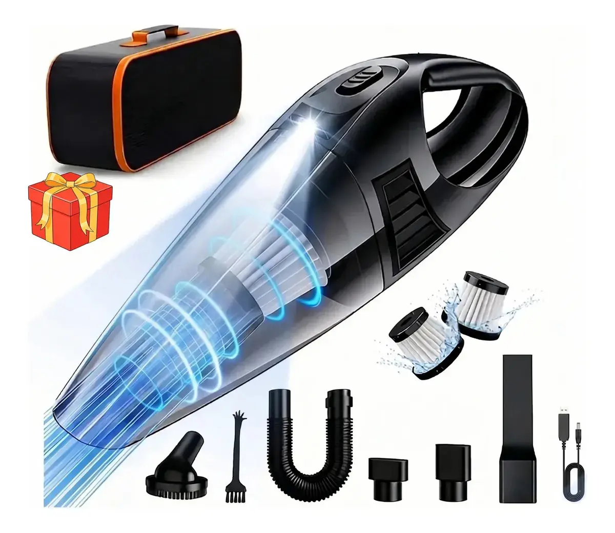 Aspirador De Pó Portátil Carro Automotivo 120W 9000PA +2 Filtro + Bolsa + LED Sem Fio Aspirador Portátil de Pó Potente Recarregável Usb Com Acessórios Turbo 127/220V Profissional Inclui a lâmpada LED
