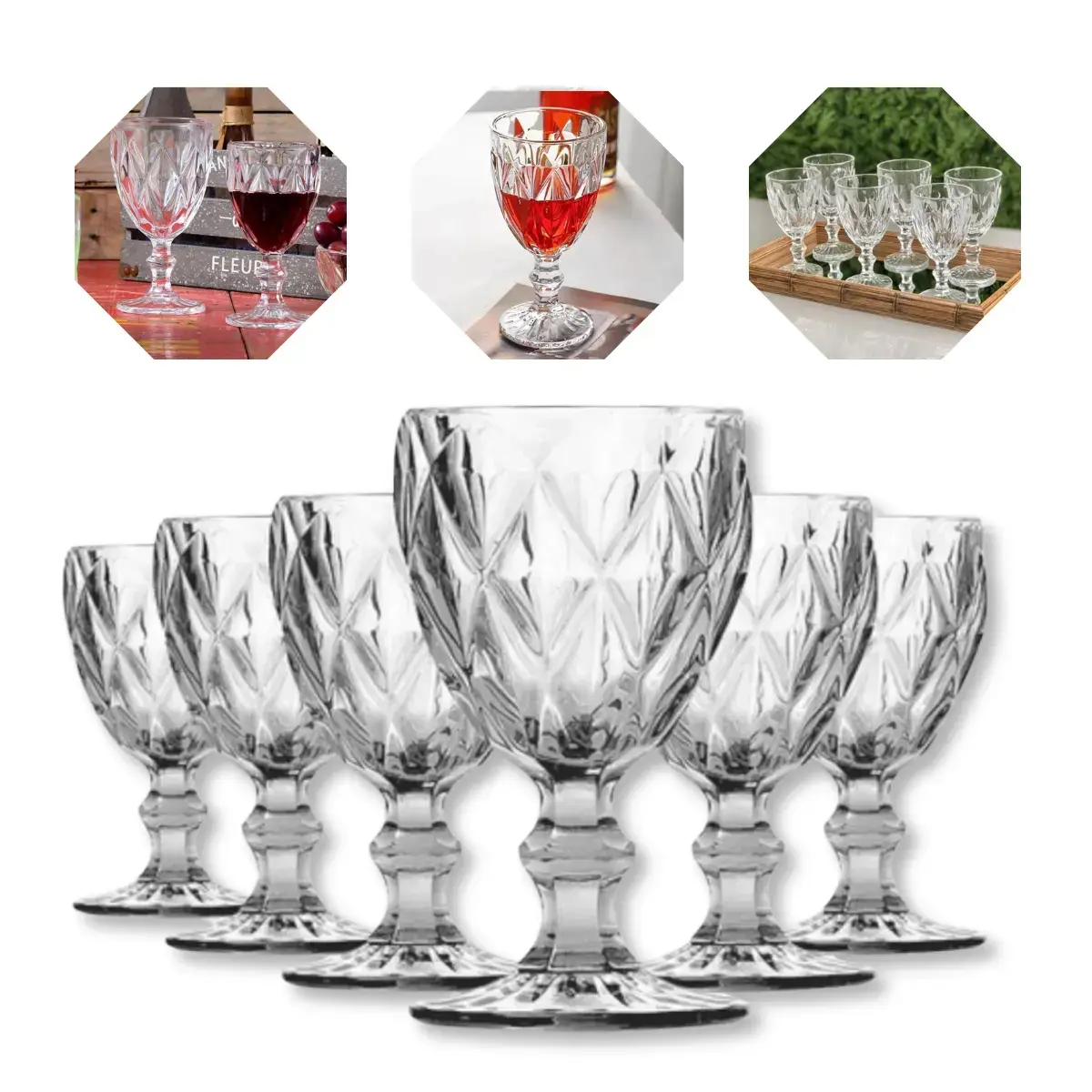 Jogo de 6 Taças Diamond Luxo em Vidro 330 mL para Vinho e Água Gostei!