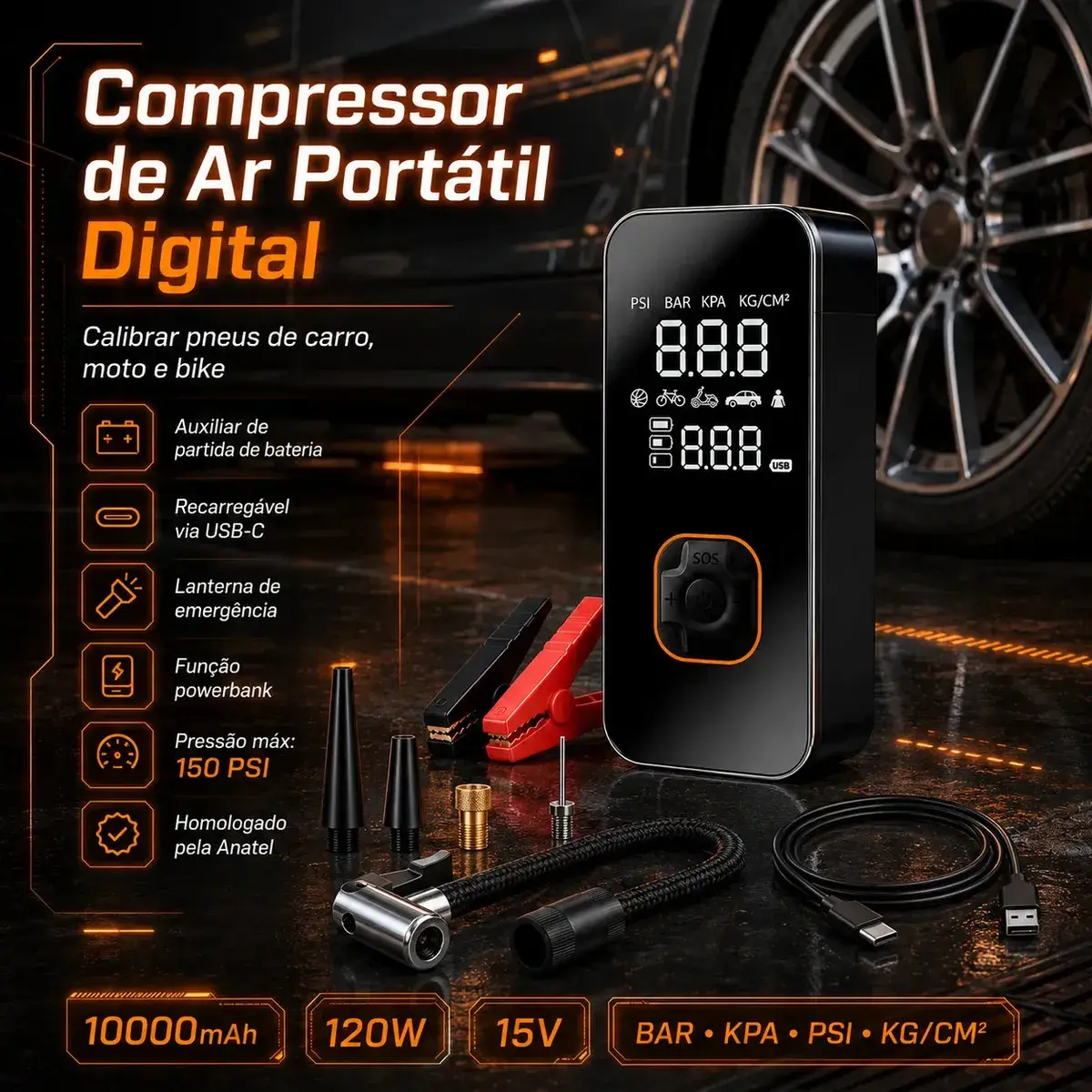 Auxiliar de Partida de Bateria Veicular Portátil Com Compressor de Ar Para Carro e Moto