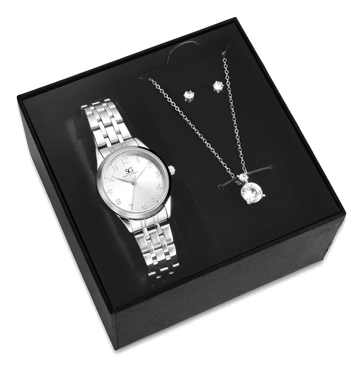 Kit Relógio Colar E Brincos Ponto De Luz Feminino Luxo Silver Saint Germain Presente Original Joias Prata Elegante Clássico 28mm
