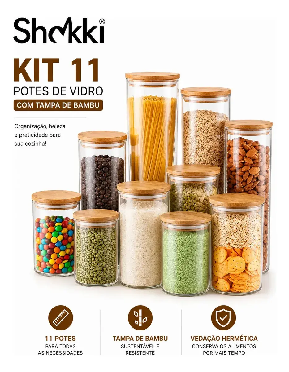 Kit 11 Potes De Vidro Herméticos Com Tampa De Bambu Organizador Para Mantimentos Grãos Café Cereais Massas Shokki