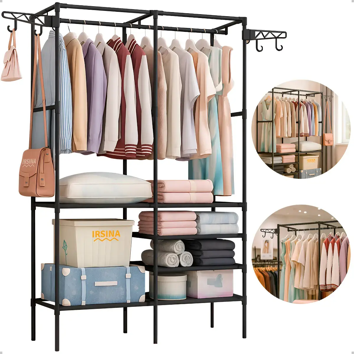 Closet Aberto IRSINA 2 Divisórias Preto com 6 Prateleiras Aço Inox