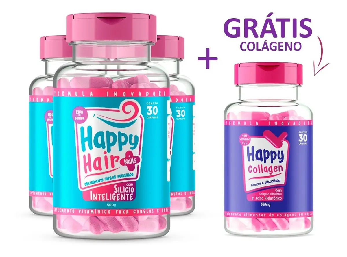 3x Happy Hair + Colágeno Com Ácido Hialurônico