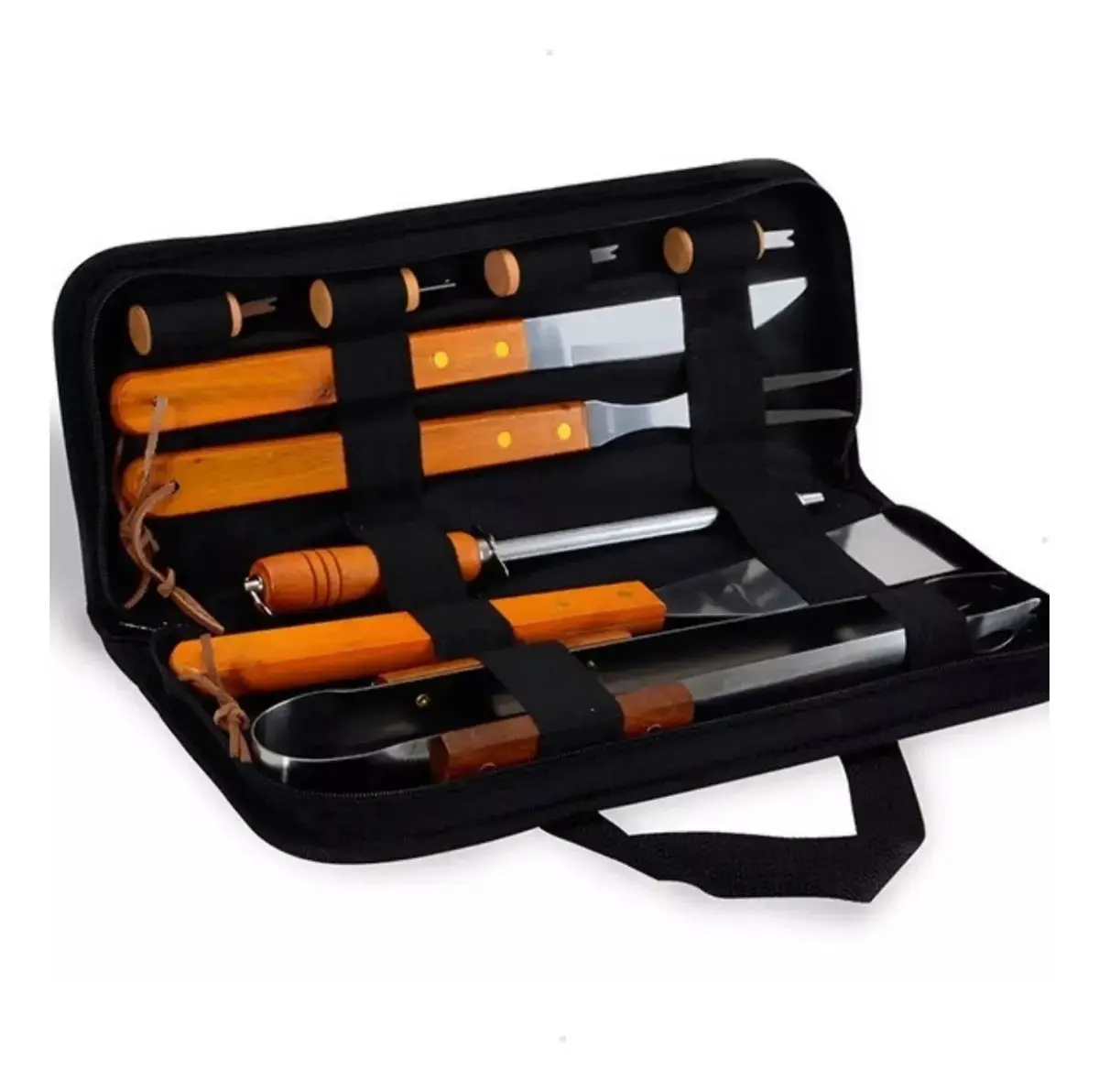 Kit Churrasco Faqueiro Cabo Longo Madeira Maleta Nylon 10pçs