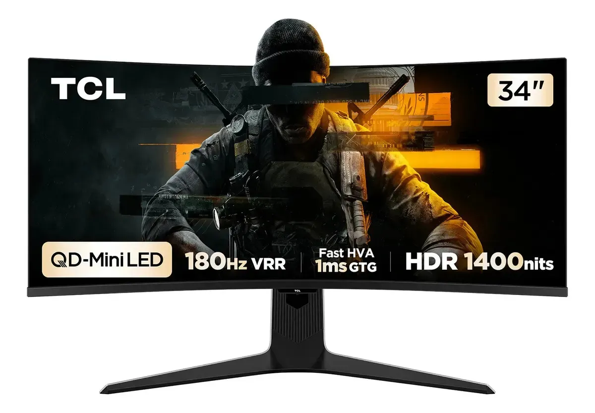 Monitor Gamer Curvo TCL 34 Polegadas QLED Mini LED WQHD R83Q 180Hz 1ms (GtG) HDR 1400 nits 34R83Q
