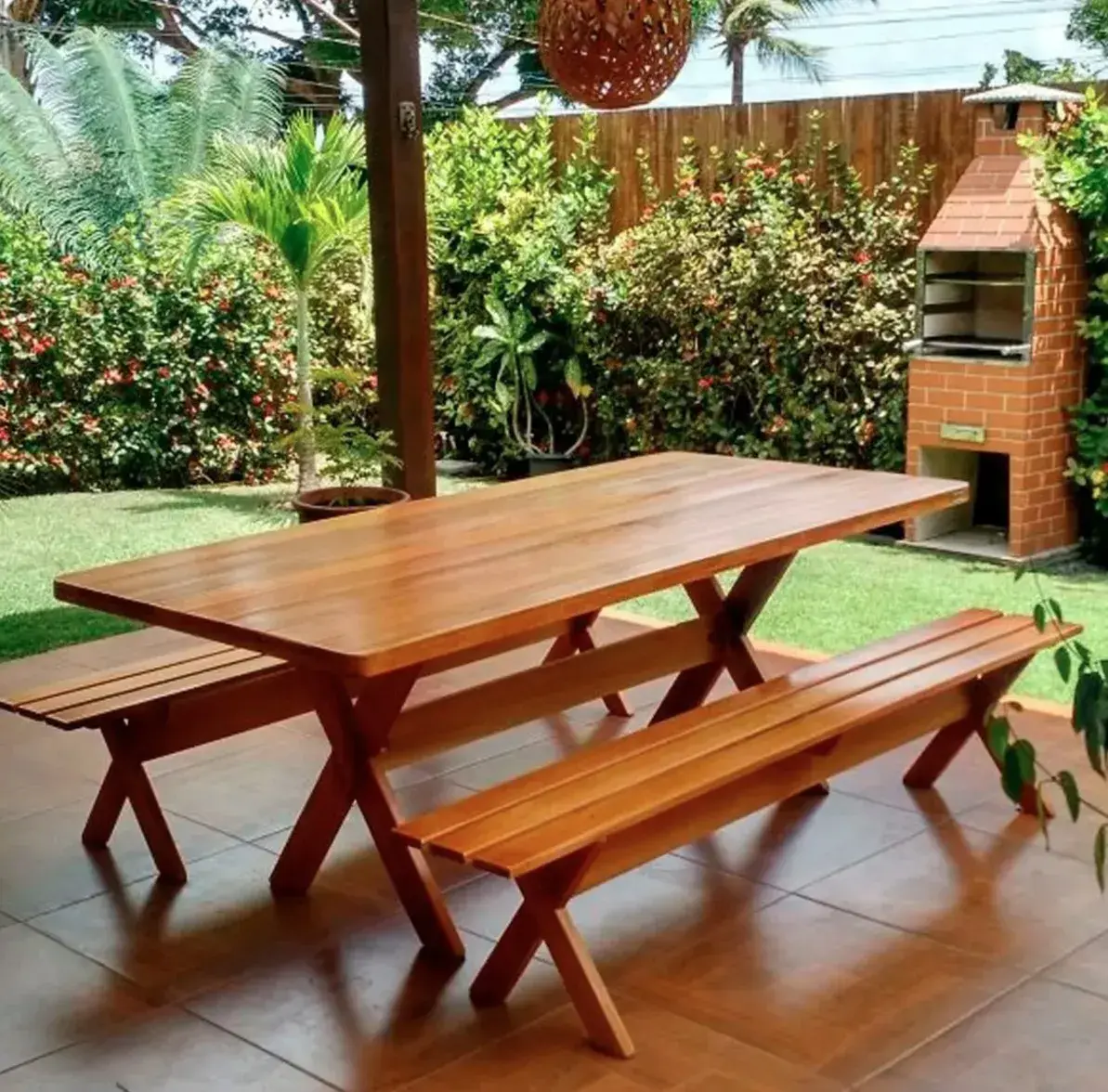 Conjunto Mesa Rústica Com Bancos Madeira Churrasco 2,00m