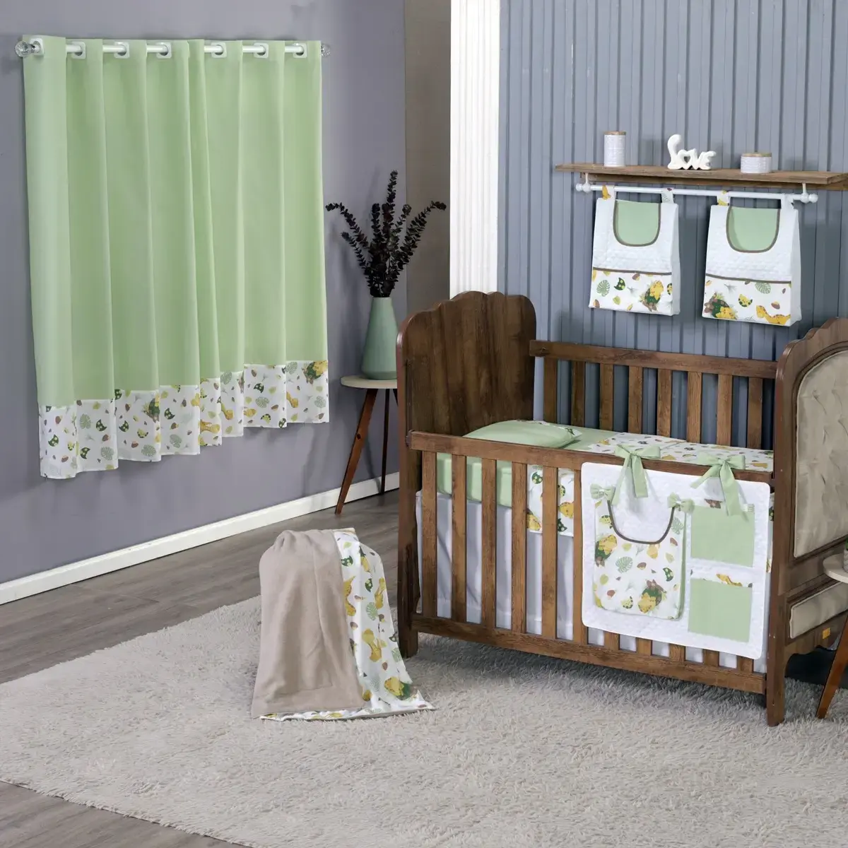 Kit Berço Completo Ametista Decorações 8 Peças 100% Algodão Percal Verde