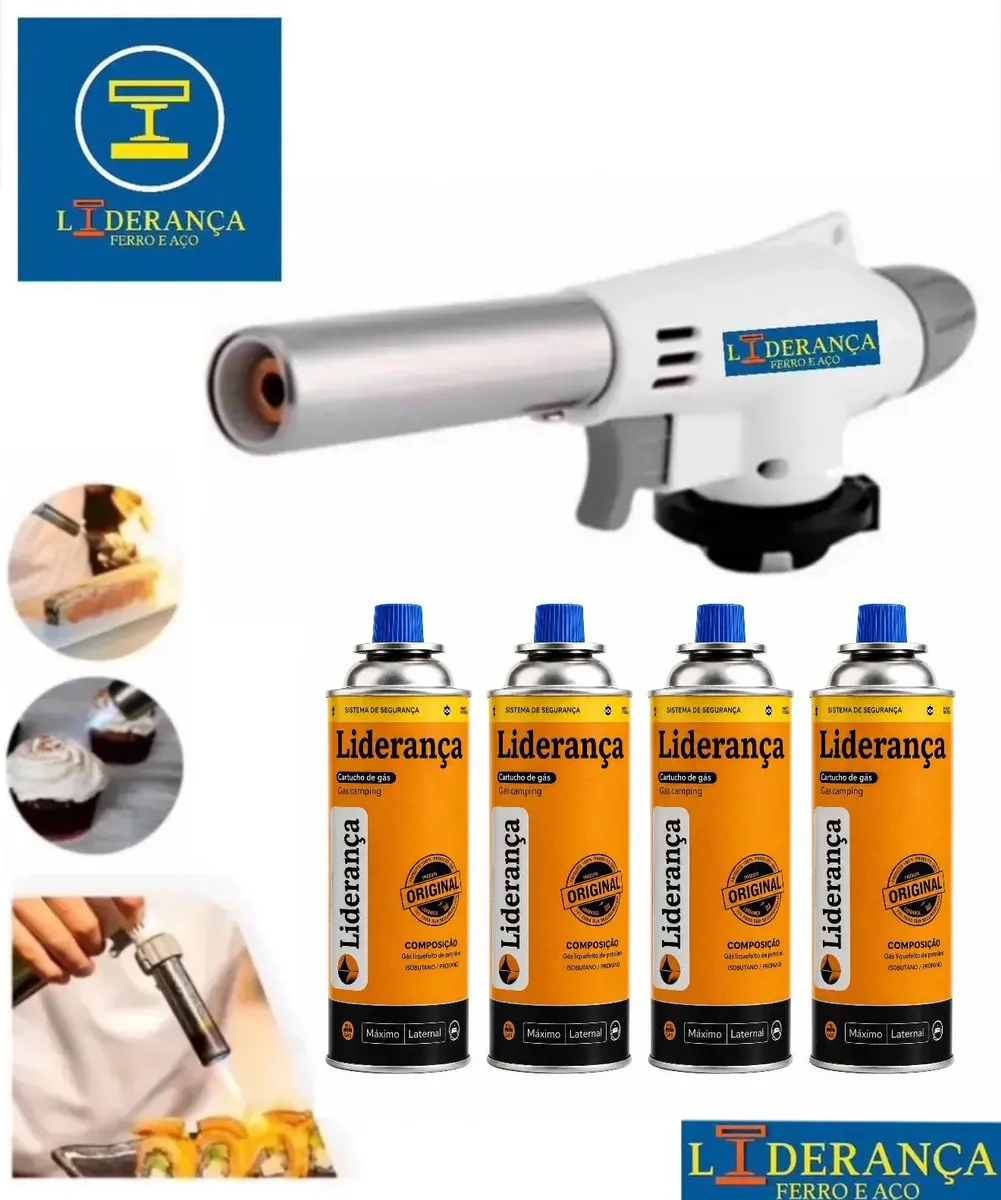 Kit Maçarico Portátil Automático Liderança Ferro E Aço para 1300°C com 4 Refis de Gás Butano
