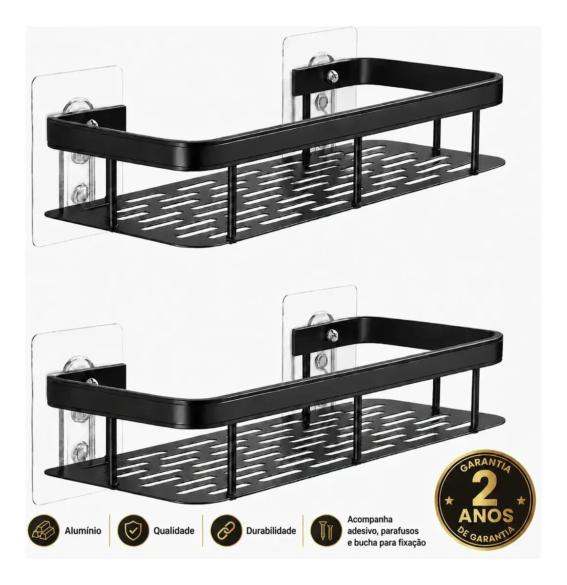 Kit 2 Suporte Porta Shampoo Sabonete Banheiro Adesivo Parede Sem Furos Box Luxo Cor Preto Brielli Home