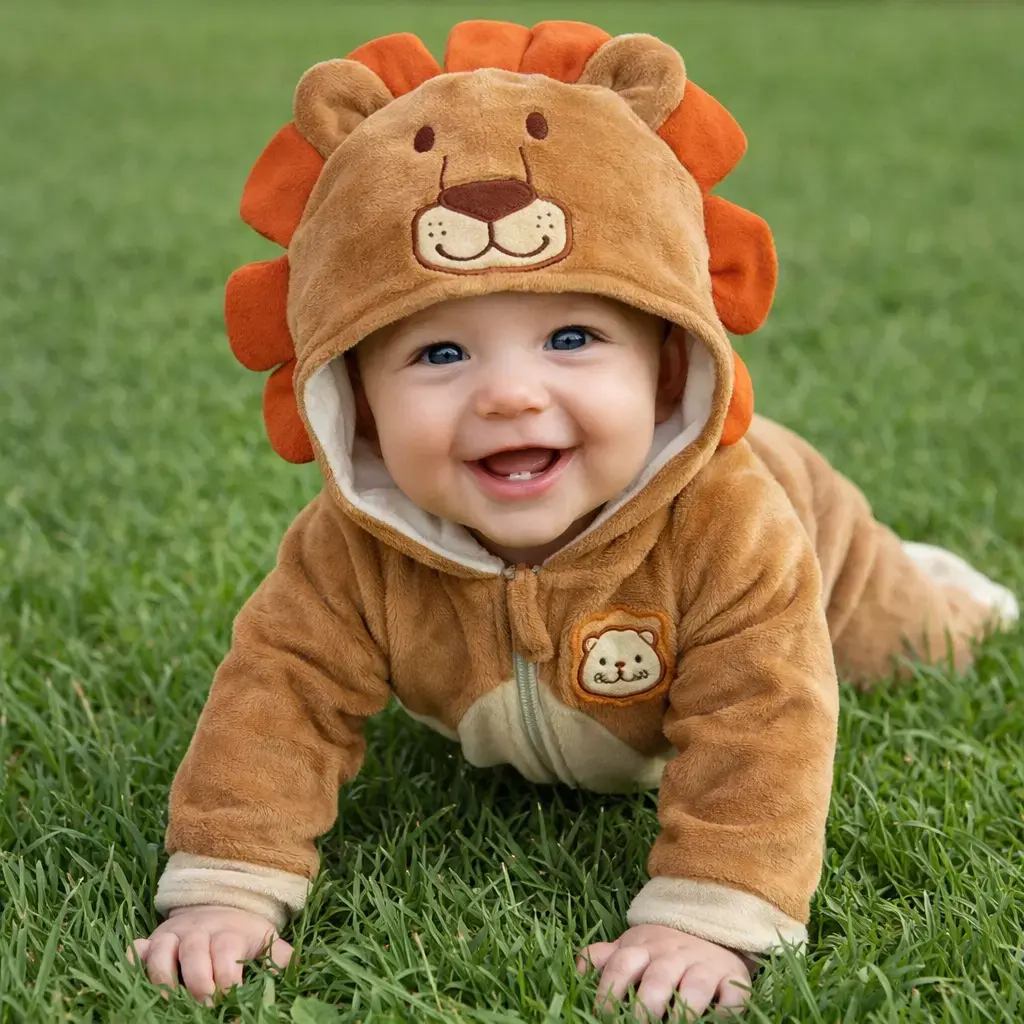 Macacão Bebê Plush Capuz Leão Orelhas Fantasia Menino Roupa