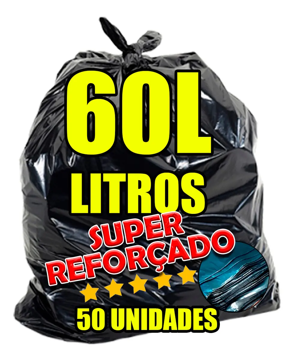 Saco De Lixo 60 Litros Super Reforçado Grosso - Kit Com 50 Unidades Preto