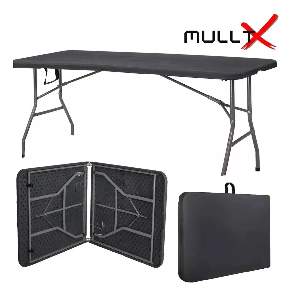 Mesa Dobrável Vira Maleta Com Alça Portátil 1.80m Para Camping Pesca Jardim Área Externa Ou Interna Salão De Festas Gourmet Cor Preta Preto Marca MULLTX