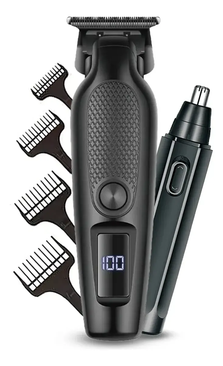 Máquina De Corte Acabamento Com Visor Led Profissional + Brinde Cabelo Pelo Barbear Trimmer Maquininha Detalhes Sem Fio Preto