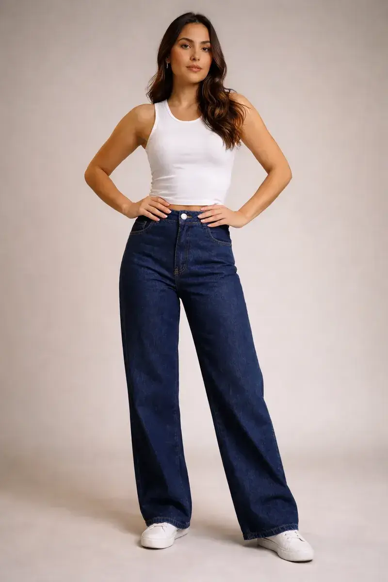 Calça Jeans Wide Leg Feminina Cintura Alta Sem Lycra Stillge