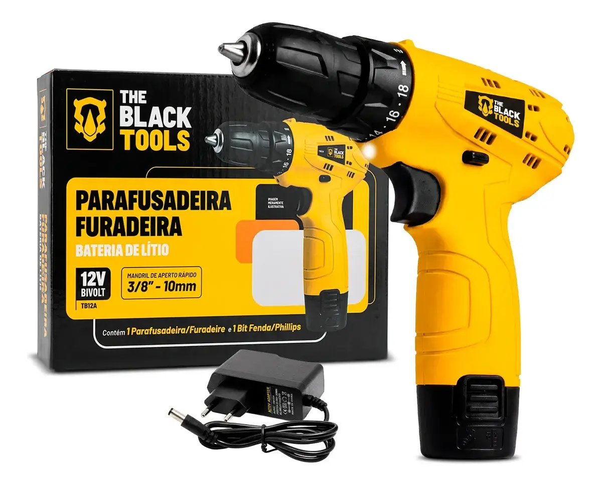 Parafusadeira Furadeira The Black Tools TB12A 3/8 a Bateria Cor Amarelo Frequência 60Hz