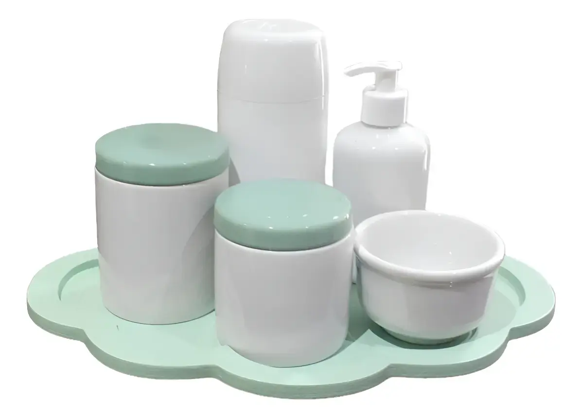 Kit Higiene Bandeja Nuvem Verde Porcelana Branca Completo