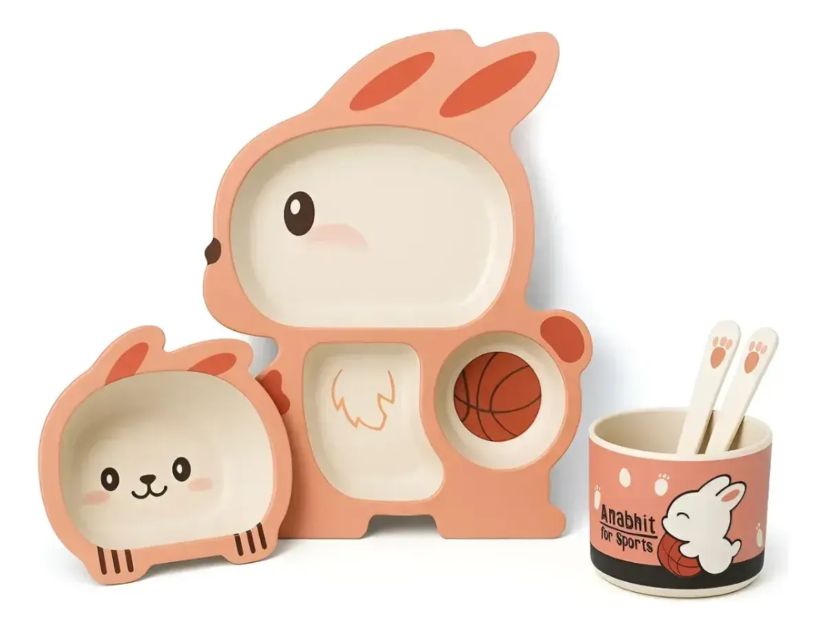 Kit Refeição Infantil Bebê Bambu 5 Peças Prato Copo Colher