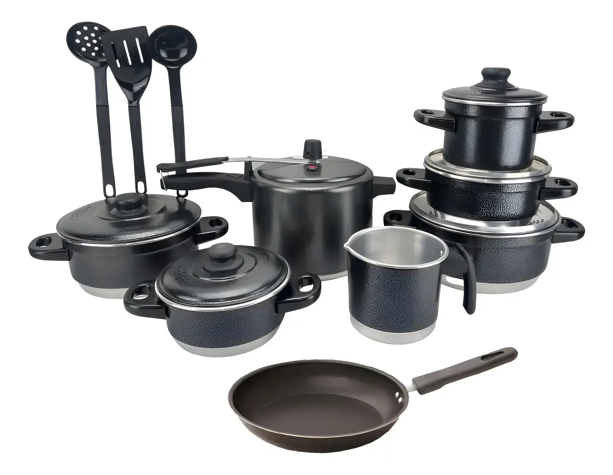 Jogo de Panelas Extra Forte Luxo 12 Peças com Panela de Pressão e Frigideira Antiaderente Preto Craqueado