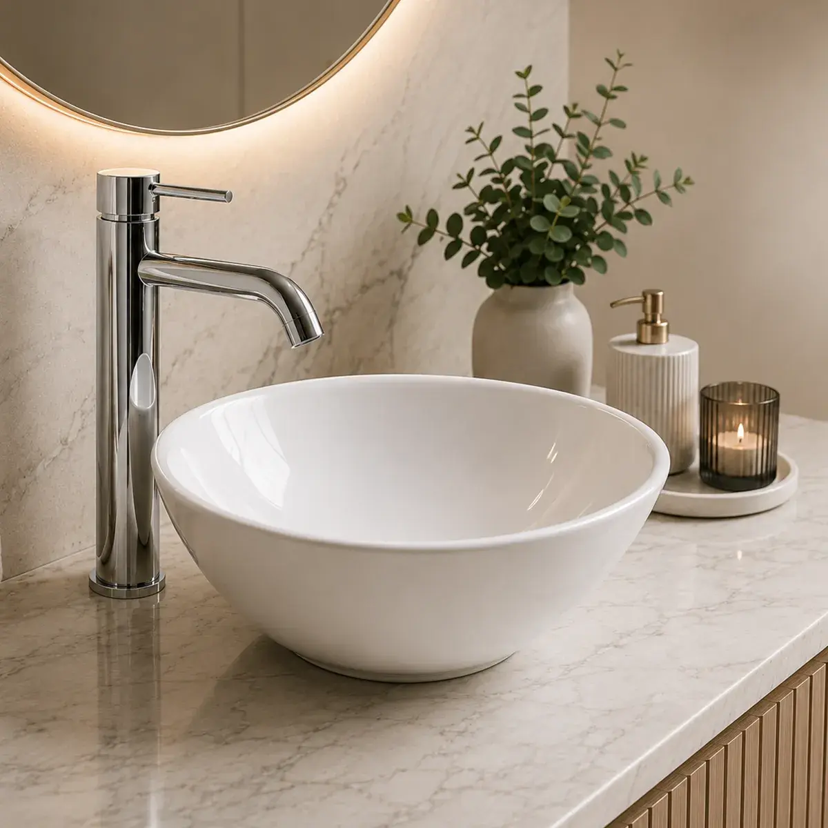 Cuba Sobrepor Cerâmica Redonda 36cm Branca Lavabo Louça Pia