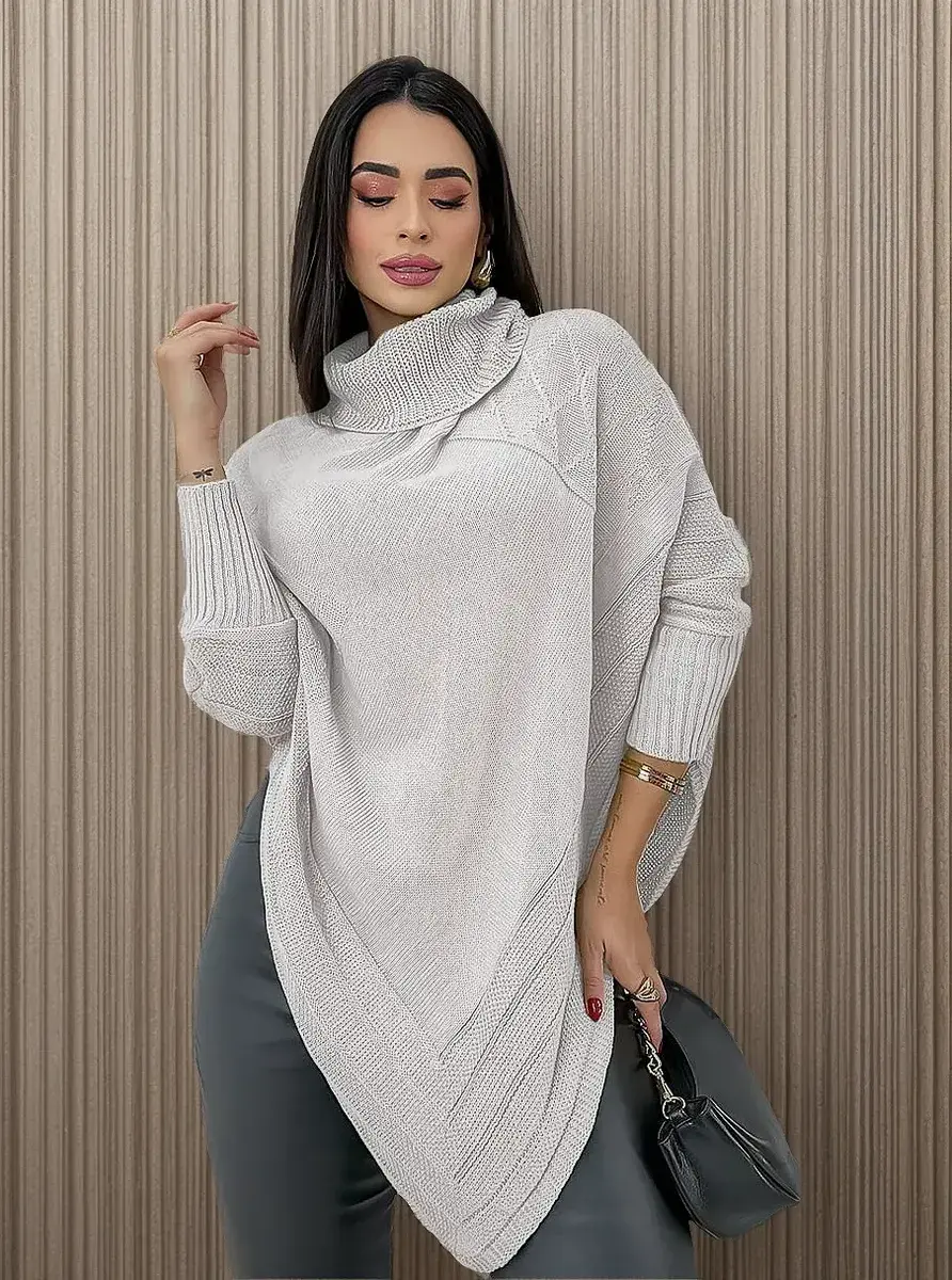 Blusa Poncho Tricot Assimétrico Alongado Manga Longa Suéter