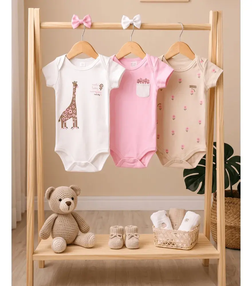 Kit 3 Bodys Manga Curta Bebê Menina Kiko Baby Girafa