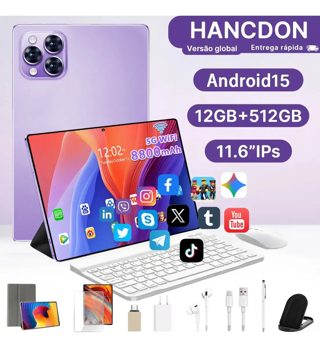 Tablet Android 15 Hancdon Tab Kit Completo Ram 12gb 512gb 11.6'' Hd Tela Apoia Wifi 2,4/4g/5g Dual Sim Bateria 8800mah Com Caneta+teclado E Mouse Profissional Estudo Trabalho Jogos 2 Em 1 Tablets Pc