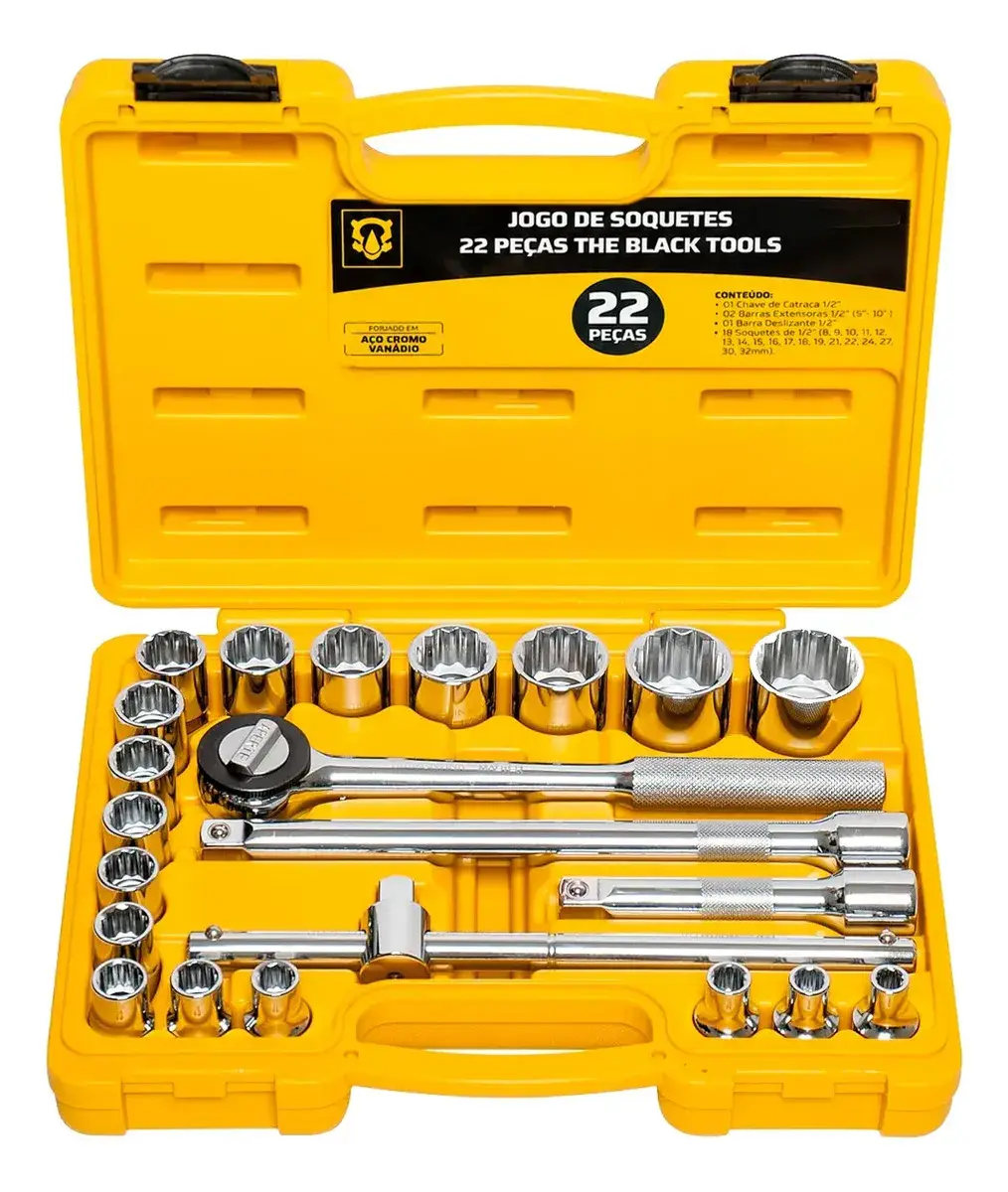 Jogo Kit de Ferramentas Manuais Chave Catraca 1/2 8 a 32mm BCS022 The Black Tools Cor Amarelo