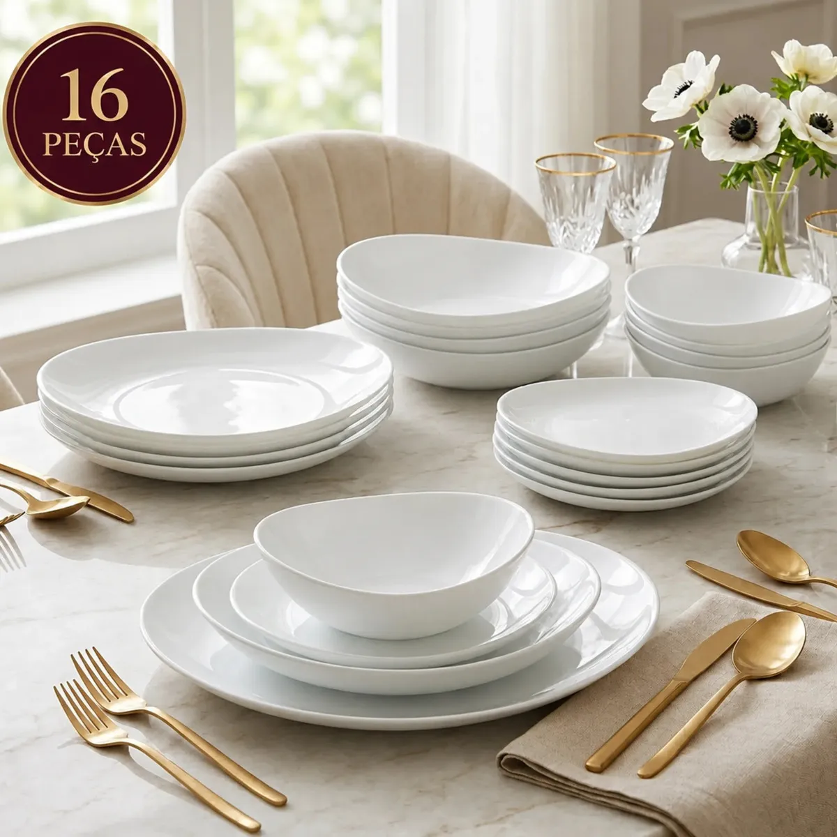 Aparelho Jogo Kit De Jantar 16 Peças Opalino Branco Pratos E Bowl Mesa Moderno Côncavo Resistente Sólar