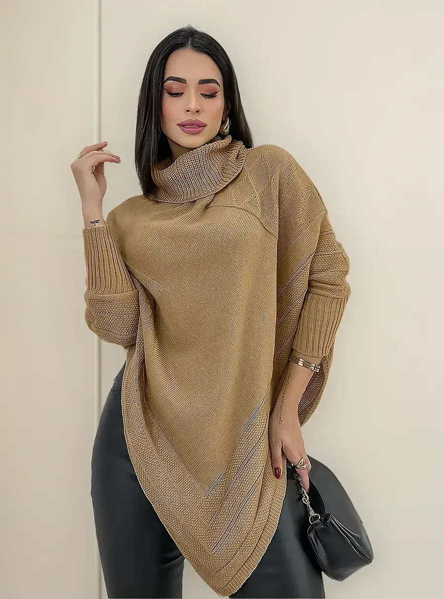 Blusa Poncho Tricot Assimétrico Alongado Manga Longa Suéter
