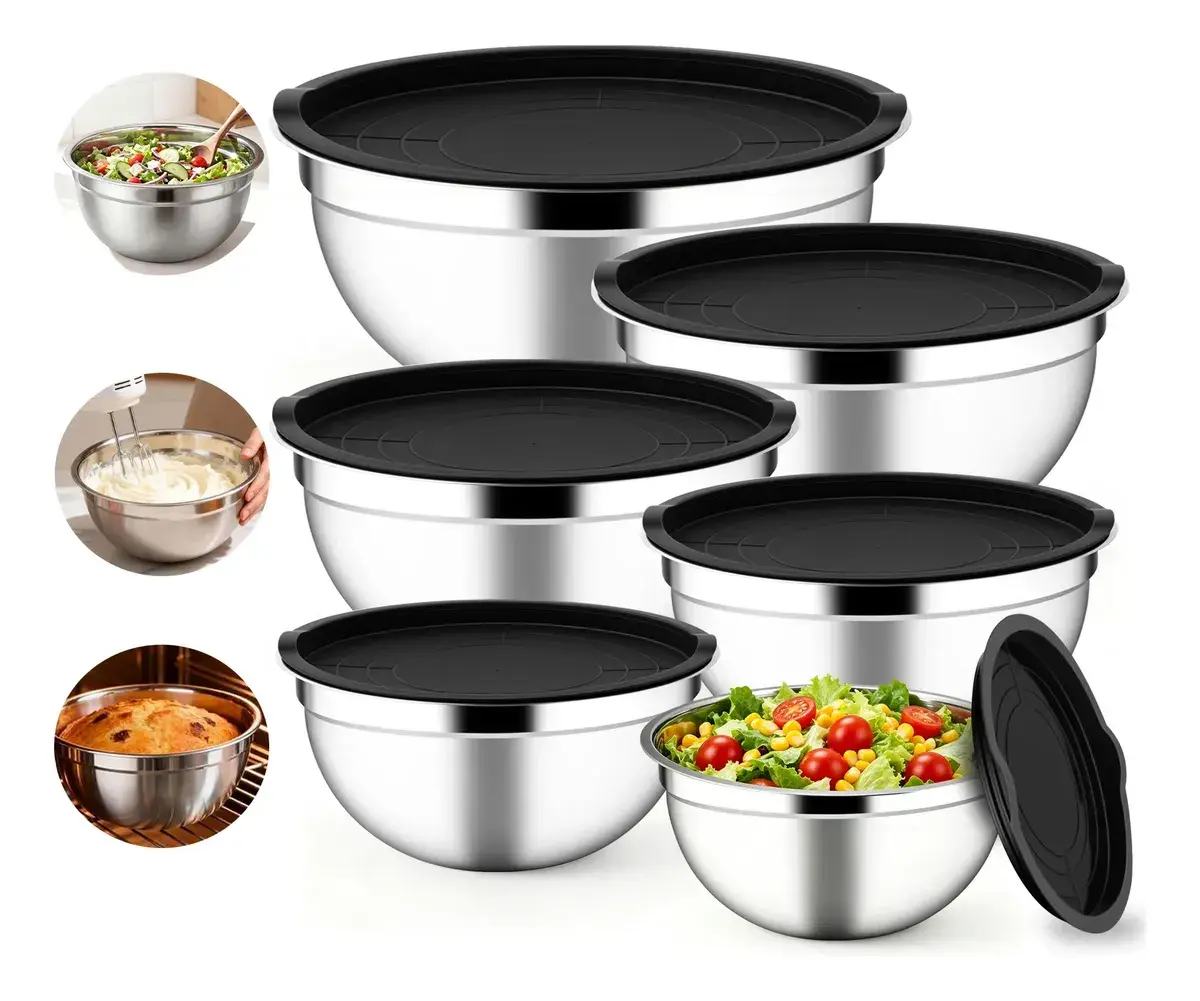 5 Bowls Tigelas Inox Com Tampa Plástica Utensilios Cozinha