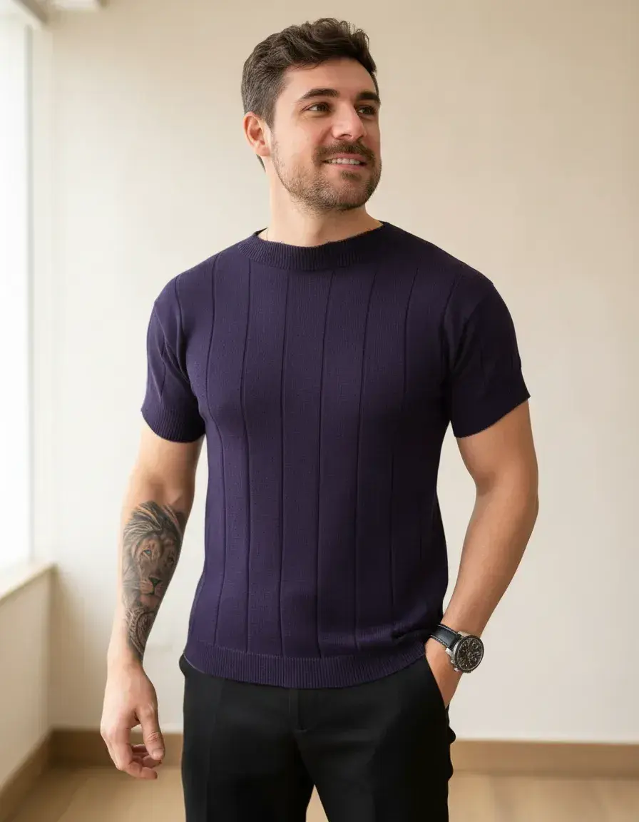 Camiseta Social Masculina Modal Tricô Macia Canelada Casual