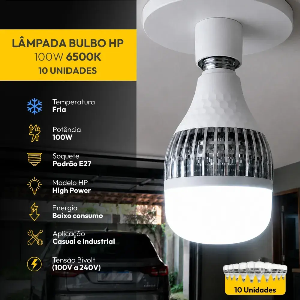 Kit 10 Lâmpadas LED Bulbo 100W Alta Potência Branco Frio 6500K Bivolt E27 - Super Bulbo Econômica 8000 Lúmens Ideal Galpão Fábrica Comércio