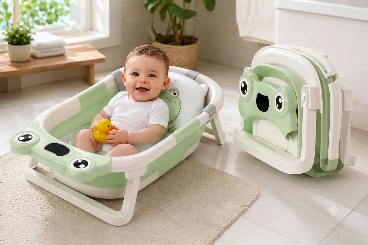 Banheira Bebe Dobrável Com Termômetro Verde Almofada Infantil Kids Suporte Banheirinha Chuveirinho Calor Ofurô Criança