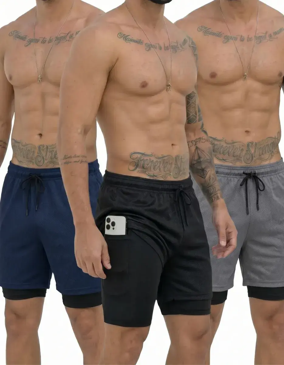 Kit 3 Shorts 2 Em 1 Duplo Bolso Para Academia Treino Corrida