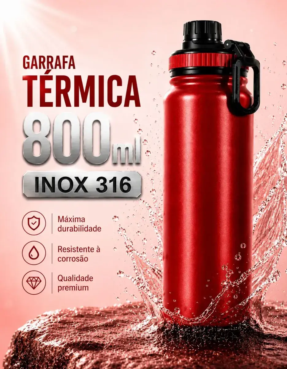 Garrafa Térmica 800ml Água Azarte Inox Academia Com Alça
