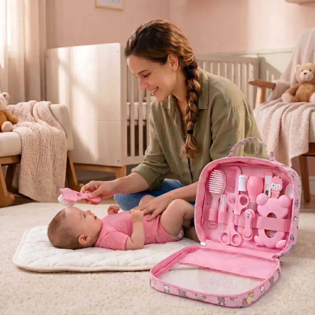 Kit Higiene Bebê Completo Rosa Bolsa Maternidade Termômetro